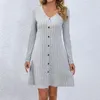 Vestidos casuais feminino outono e inverno sólido v pescoço moda botão cintura manga longa vestido esportes para mulher