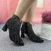 أحذية نيزك أحذية Rhinetstone Women's Black Boots مدببة في الكعب العالي أحذية Side Zipper Boots Platform أحذية رعاة البقر للنساء X0928