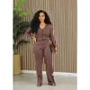 Knit Ribbed Tracksuit Women Two Piece Set Long Sleeve Button Sexy Deep V-neck Sweater Top And Straight Wide Leg Pants 2PCS Suit Outfit