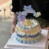 Fournitures de fête, impression de fleurs en couleur, décoration de gâteau en acrylique pour joyeux anniversaire, carte enfichable, outils d'année mignons pour habiller une fille