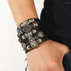 Charm Armbänder 5 teile/satz Mode Schwarz Schädel Mehrschichtige Perlen Leder Armband Für Männer Einstellbare Hand Gewebt Männlich Schmuck