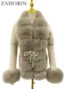 Women's Fur Faux Fur ZADORIN Fall Winter Women Faux Fur Coat Luxury Knitted Sweater Fur Cardigan Detachable Collar White Pink Jacket Faux Fur Coats 230927