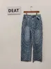 Women's Jeans DEAT Fashion Women's Denim Pant High Waist Zip Fly Hollow Out Straight Wide-leg Floor-length Blue Jeans Summer 17A9121 230927