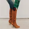 Botas de camurça marrom para mulheres 2021 novas mulheres altas grossas altas de salto confortável inverno moda joelho bota 230928