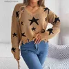 Suéteres femininos ficusrong 2023 novas mulheres outono inverno casual v pescoço estrela corte manga longa malha pulôver camisola para moda t230928