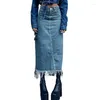 Skirts Xingqing Women Denim Skirt Spring Summer Casual Solid Color High Waist Long Jeans With Tassel Hem Y2k 2000s Streetwear