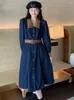 Casual Dresses Vintage for Women Elegant Denim Dress Female 2023 Autumn Fashion Leather Splicing Single Breasted Belt A-Line Midi