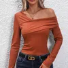 Blouses pour femmes Épaules dénudées Coupe ajustée Col asymétrique T-shirts côtelés Chic Couleur unie Manches longues Tricoté Femmes Blouse Y2K Top Blusa