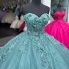 Glitzerndes, aquablaues Spitzen-Quinceanera-Kleid, Ballkleid, 2024, herzförmiges, schulterfreies, perlenbesetztes Tüll-Sweet-16-Kleid mit Schnürung