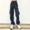 Woman Pockets Patchwork Baggy Jeans Fashion Streetwear Cotton Women Denim Trouser Loose Cargo Pants Korean Jeans Harajuku