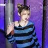 Women's Sweaters Y2K Gothic Distressed Sweater Oversized Purple Black Striped Knit Jumper Pullover Women Aesthetic E-Girl Alt Outfit