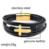 Charm Bracelets Genuine Leather Cross Bracelet For Men Stainless Steel Magnet Clasp Braid Multilayer Homme Gift Jewelry