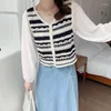 Women's Blouses Korean Fashion Crochet Blusas Mujer Women Striped Chiffon Patchwork Tops V-neck Long Sleeve Ladies Casual Dropship