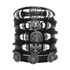 Charm Armbänder 5 teile/satz Mode Schwarz Schädel Mehrschichtige Perlen Leder Armband Für Männer Einstellbare Hand Gewebt Männlich Schmuck