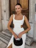 Abiti casual Jyate 2023 Summer Girl Bretelle Abito da donna Bianco collo quadrato Hollow lungo elegante spacco a vita alta