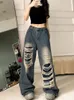 Kvinnors jeans vintage rippade kvinnor baggy grunge y2k retro koreansk stil denim byxor streetwear överdimensionerad pojkvän