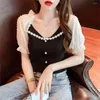 Frauen Blusen 2023 Sommer Chiffon Elastische Gestrickte Ärmel Slim Fit Kurzarm Für Frauen Vintage Kleidung Top Shirts