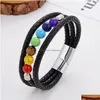 Charm Armbänder Natürliche Tigerauge Perlen 7 Chakra Armband Leder Seil Kette Yoga Heilung NCE Muttertag Schmuck Großhandel 230216 Dro Dh59Q