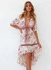 Robes de soirée Sexy évider cou plongeant auto-ceinturé taille réglable Badydoll robe tunique en coton pour les femmes été plage C1A589