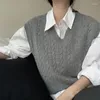 Vestidos casuais estilo coreano torção início do outono branco v-collar de malha colete feminino desgaste exterior vestido de bandagem pulôver camisola sem mangas para