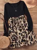 Casual Dresses Elegant Chic Women Leopard Patchwork långärmad klänning en linje o nack slips hög midja bälte kort kjol 2023