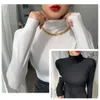 wholesale t-shirts femme blouses chemises femmes top fashion femmes luxe coton revers cou manches longues avec Budge Neck Tees Femme Slim Style Tops S-3XL