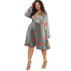 Ethnic Clothing African Dresses For Women Autumn Elegant Pleat Long Sleeve V-neck Print Plus Size Dress L-4XL Dashiki