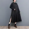 Casual Dresses Pleated Shirt For Women Long Sleeve Stand Collar Loose Large Size Vintage Dress Fashion Elegant Clothing Spring Autumn