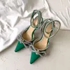 Sandales Femmes Sandales Cuir Semelle Designer Talons Hauts 9.5cm Luxurygreen Diamant Chaîne Décoration Banquet Femmes Chaussures Soie Visage Sexy Formelle ShoeH