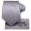 Näsdukar SN-3173 Hi-Tie Gray Sliver Slips Silk Woven 8.5cm bred 2023 Plaid Luxury Ties Men Formal Wedding Suit Cufflinks Set