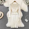 Casual Dresses Autumn And Winter Sexy V-neck Knotted Knit Slim Mid-length Hip Dress