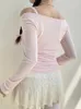 Women's T-Shirt IAMTY Sweet Lace-up Slash Neck T-shirt Pink Kawaii Long Sleeve Tops Spring Casual Y2K Aesthetic Tops Korean Cute Clothes 230927