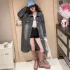 Casaco adolescente meninas denim trench para o outono estilo retro solto casual azul longo crianças casaco roupas outerwear 12 13 14 anos