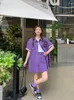 فساتين العمل 2023 American Retro Denim Short Sleeve Coat Half Skirt Set Women's Hong Kong Style Purple A-LINE Y2K GOTH