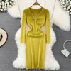 Casual Dresses Autumn And Winter Sexy V-neck Knotted Knit Slim Mid-length Hip Dress