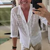 Men's Casual Shirts Sexy See Through And Blouses Hollow Out Middle Sleeve Club Party Wear Collar Transparent Lace Tops Shirt Clothing