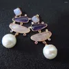 Dangle Earrings Natural Stone Amethyst Pink Quartz Freshwater Pearl Silver 925 Needle Long Drop Rose Gold Plated For Women