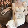 Casual Dresses Long Puff Sleeve Elegant Midi Corset Dress Prom Female Party Lady Clothes Vestidos Square Collar Button Pencil Work F239