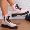 Boots Pink PU Leather Platform Ankle Women 2023 Autumn Zip Lace Up Combat Woman Thick Bottom Non-Slip Motorcycle Booties 230928