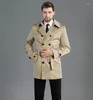 Men's Trench Coats Khaki Mens Man Double Breasted Coat Men Short Clothes Spring Autumn Slim Fit Overcoat Long Sleeve 2023 Designer