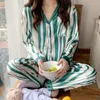 Kadın pijama uzun kollu ipek pijamalar bahar yaz kadın pijama setleri baskılar saten lüks pijamalar yeşil çizgili geceleme