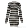 Knit Striped Dress Women 2023 Autumn Trendy Ripped Long Sleeve O-Neck Stripe Sweater Bodycon Streetwear Stretch Sexy Thin Skirt Clothes