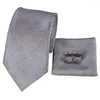 Näsdukar SN-3173 Hi-Tie Gray Sliver Slips Silk Woven 8.5cm bred 2023 Plaid Luxury Ties Men Formal Wedding Suit Cufflinks Set