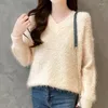 Damenpullover Roter Frühling Prinzessin Pelz Pelziger Plüschpullover V-Kragen Warmer Pullover Frauen Mädchen Pull Slim Top Tuch Außenmantel