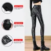 Damesbroeken Graffiti Letter Gedrukt Potlood Hoge taille Pu-leer Legging Herfst Winter Zwart Stretch Strak Damesfluweel