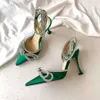 Sandales Femmes Sandales Cuir Semelle Designer Talons Hauts 9.5cm Luxurygreen Diamant Chaîne Décoration Banquet Femmes Chaussures Soie Visage Sexy Formelle ShoeH