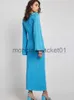 Basic Casual Dresses Flared Long Sleeves Split Maxi Dress Women Fashion Blue O-neck Sweater Dresses Female Elegant Bodycon Vestidos J230928