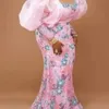 기본 캐주얼 드레스 핑크 자수 드레스 여성 럭셔리 자카드 연인 푸른 얇은 명자 긴 소매 트럼펫 형식 파티 저녁 긴 가운 230927