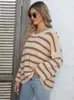 Women's Sweaters Benuynffy Drop Shoulder Button Detail Knitted For Women 2023 Spring Fall Striped Casual Loose O-Neck Pullover Jumper