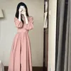 Casual Dresses 2023 French Style Pink Elegant Women's Long Dress Spring Autumn Temper High midje Beach Walking Fairy